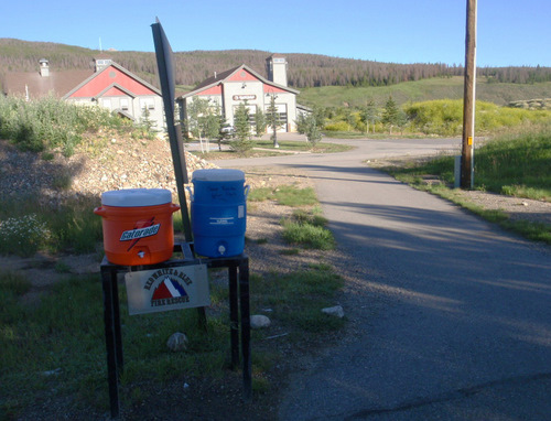 The Breckenridge Fire Department offers water to passers-by.